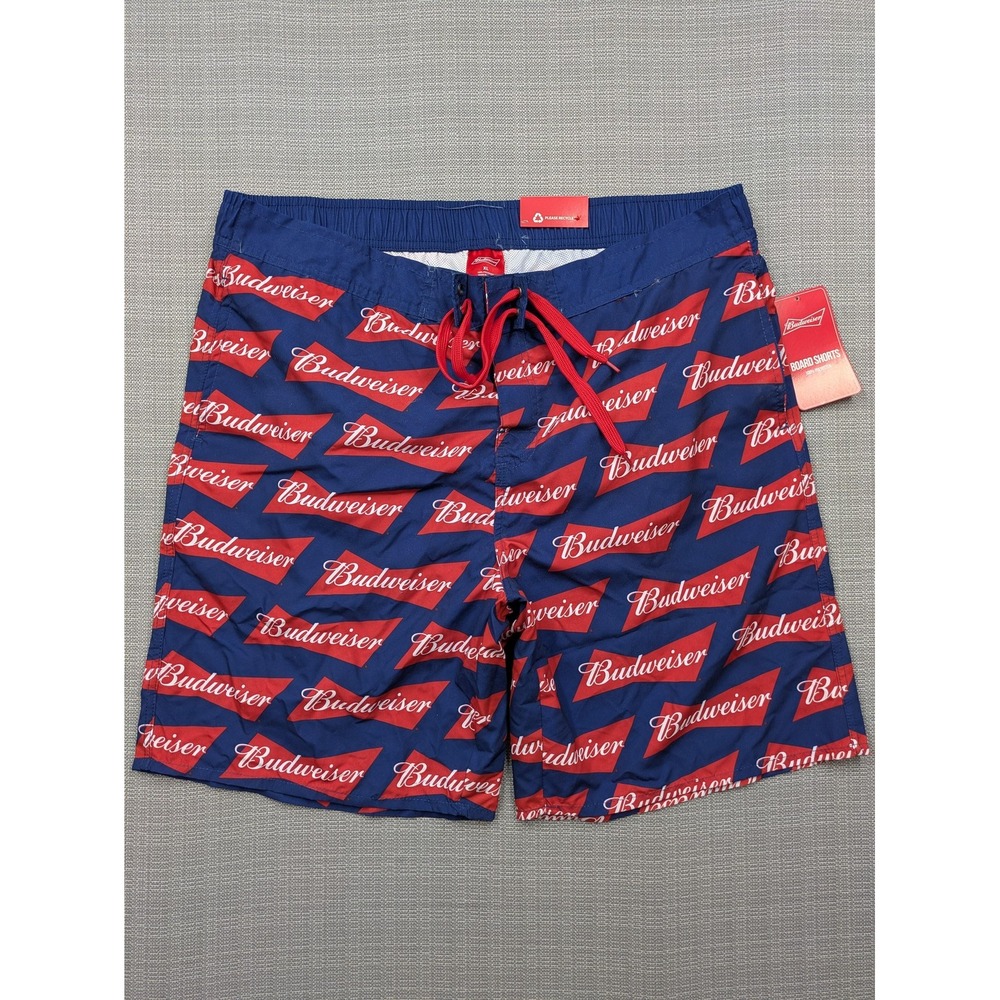 Budweiser Swim Shorts Mens XL Blue Red Logo Boardshorts Mesh Lined 9 Inseam
